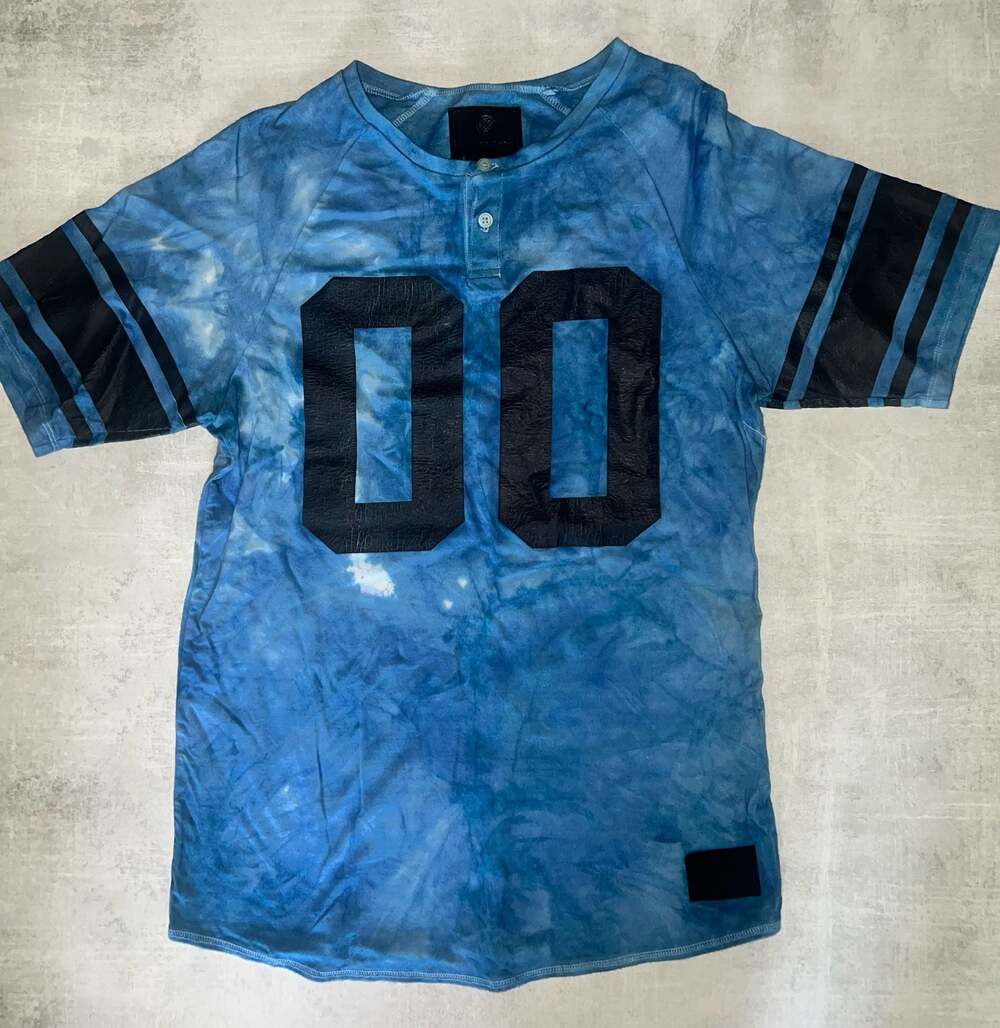 On The Byas Blue Tie Dye Henley Football Jersey Number 00